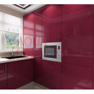 High Gloss Wine Red Color Crystal Steel Board Kitchen Cabinet With Sink And Handle