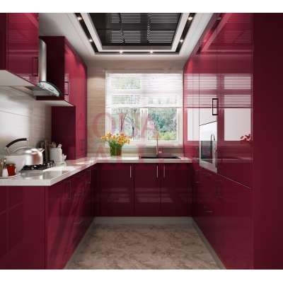 Modern Style Luxury Design Wine Red Crystal Steel Board Kitchen Cabinet With Stove And Hood