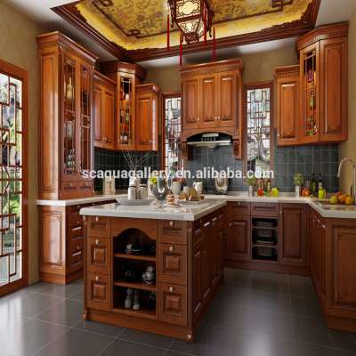 Rustic Style Oak Wood Classic Kitchen Furniture with Custom Island Cabinet